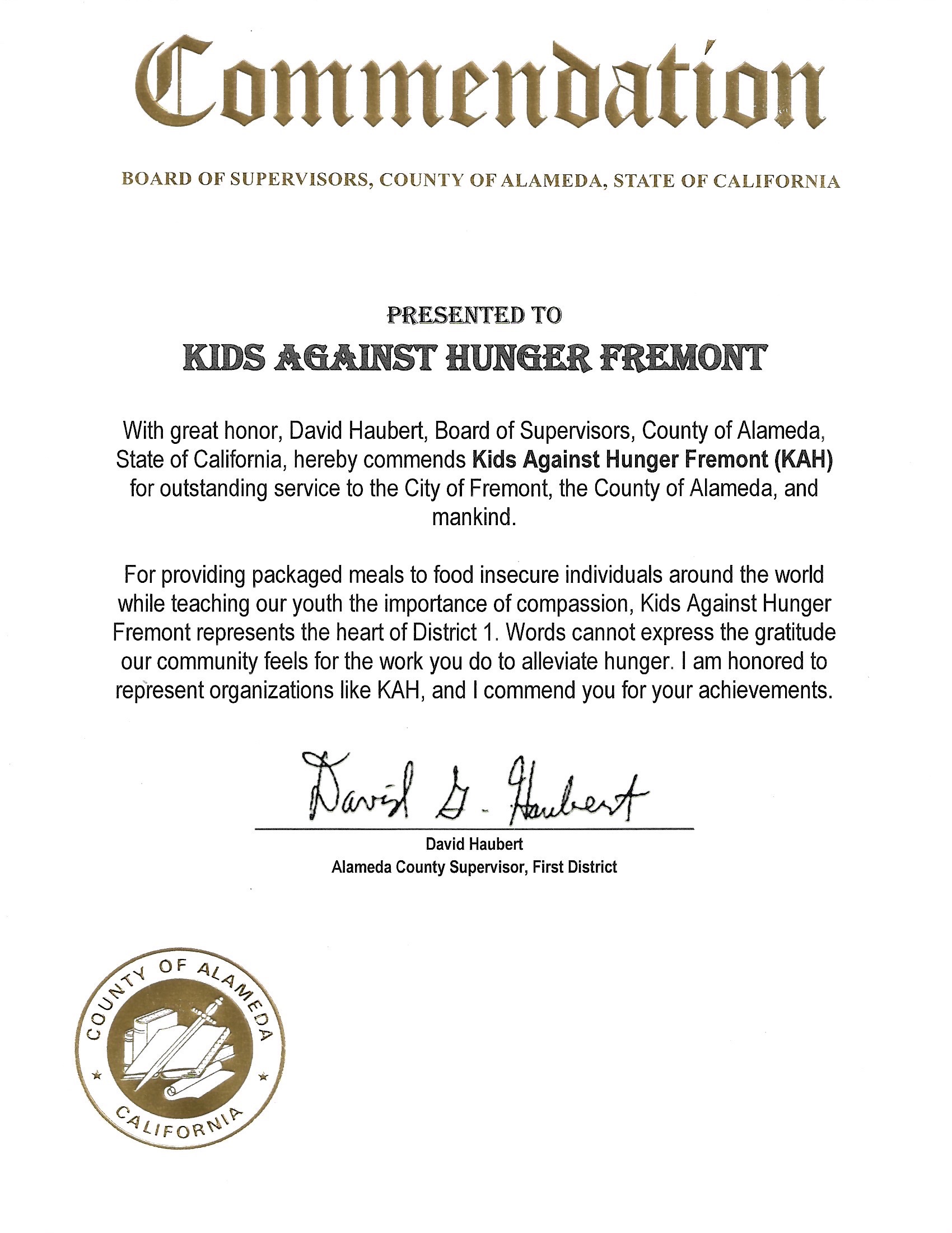 KAH Fremont Alameda County Commendation